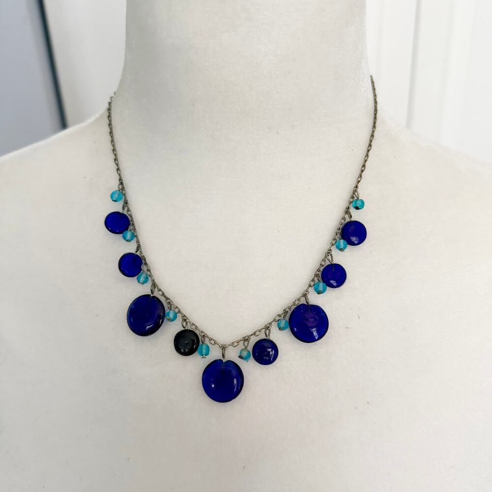 Royal and light blue station statement bib necklace on silver chain